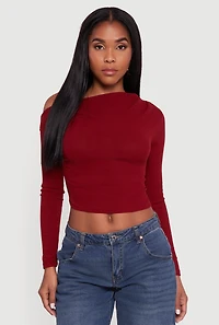 Womens Ribbed Knit Ruched One Shoulder Crop Top,