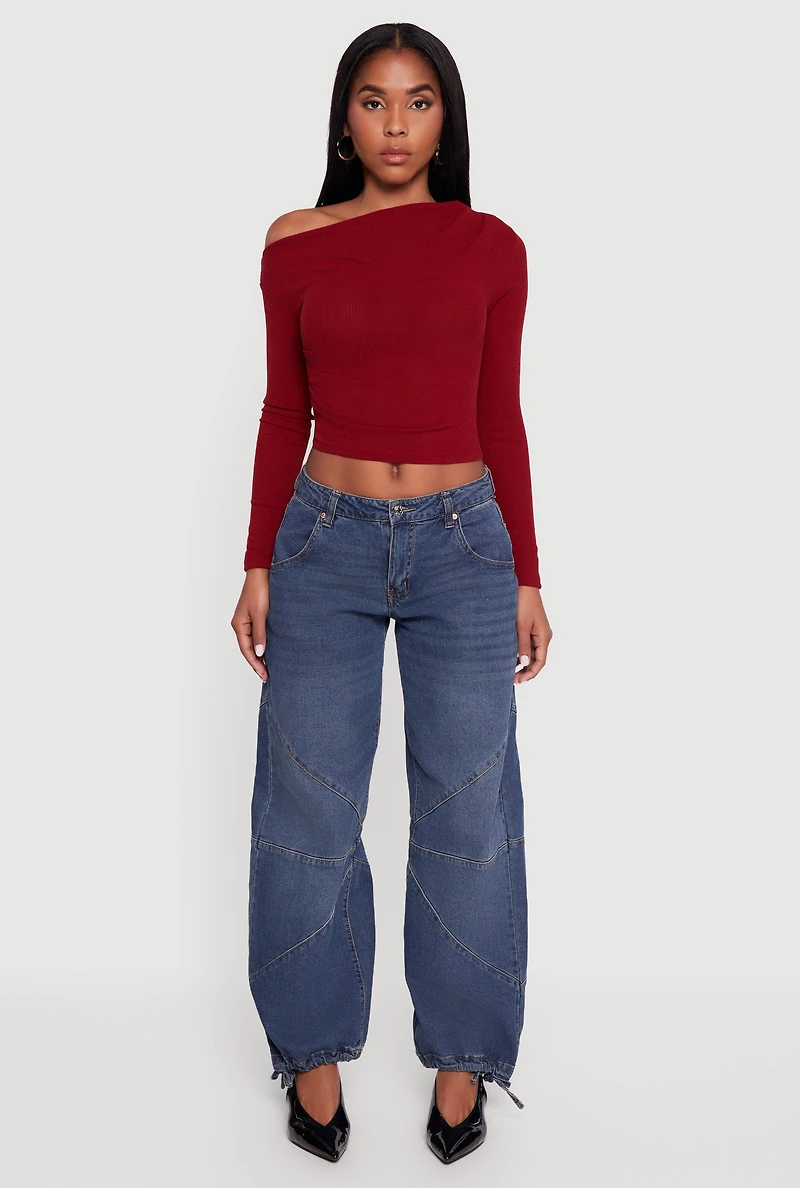 Womens Ribbed Knit Ruched One Shoulder Crop Top,