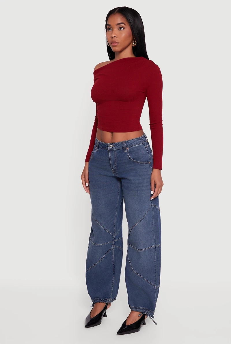 Womens Ribbed Knit Ruched One Shoulder Crop Top,