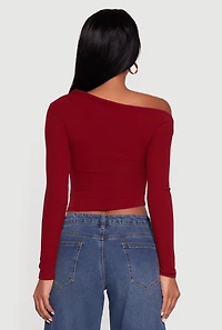 Womens Ribbed Knit Ruched One Shoulder Crop Top,