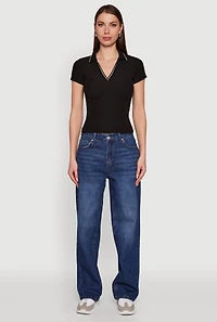 Womens Iris Ribbed Knit Polo Top with Contrast Trim, Black, Size S