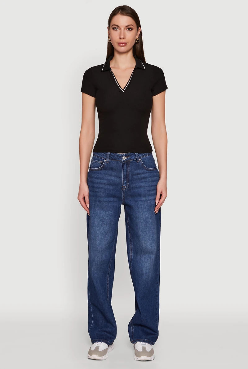 Iris Ribbed Knit Polo Top with Contrast Trim