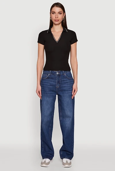 Iris Ribbed Knit Polo Top with Contrast Trim