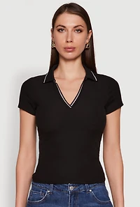 Womens Iris Ribbed Knit Polo Top with Contrast Trim, Black, Size M