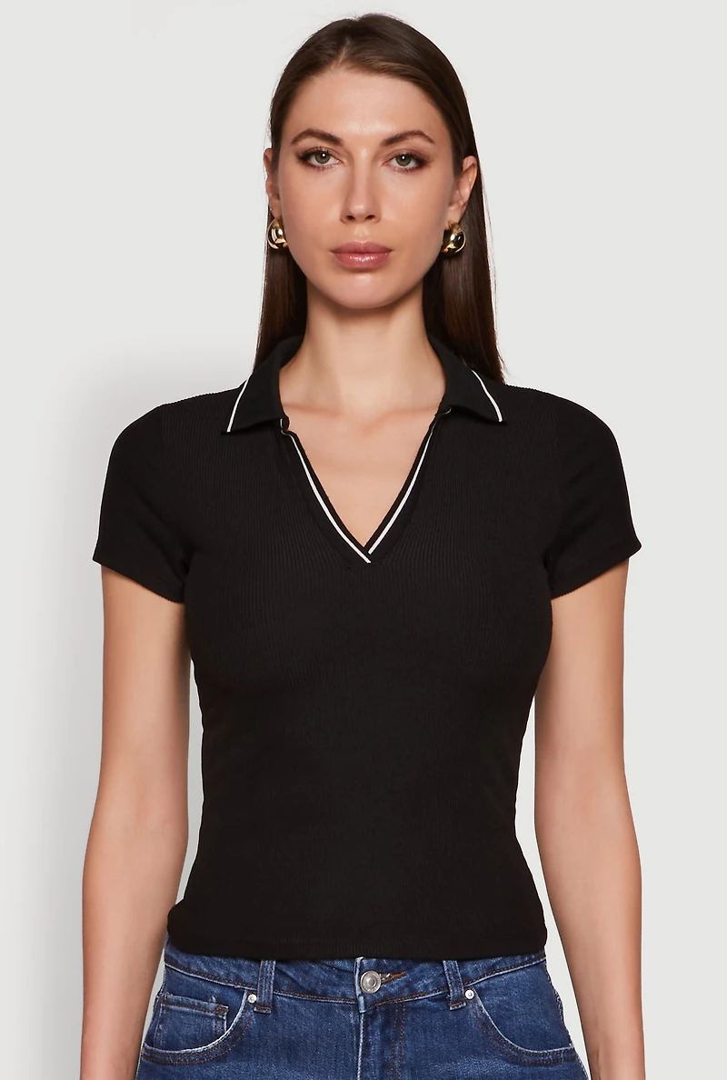 Iris Ribbed Knit Polo Top with Contrast Trim