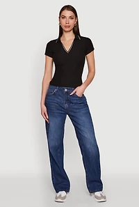 Womens Iris Ribbed Knit Polo Top with Contrast Trim, Black, Size S