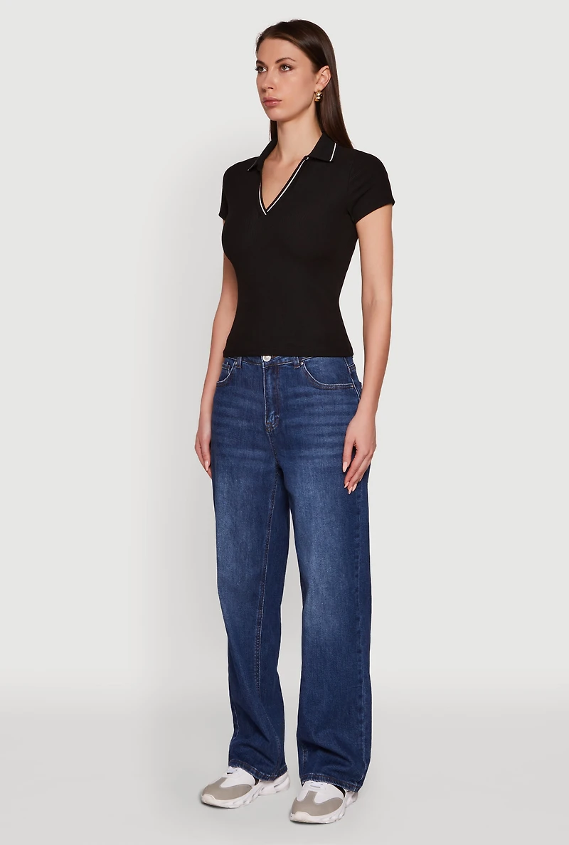 Iris Ribbed Knit Polo Top with Contrast Trim