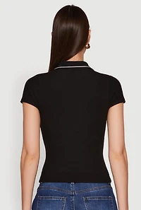 Womens Iris Ribbed Knit Polo Top with Contrast Trim, Black, Size M