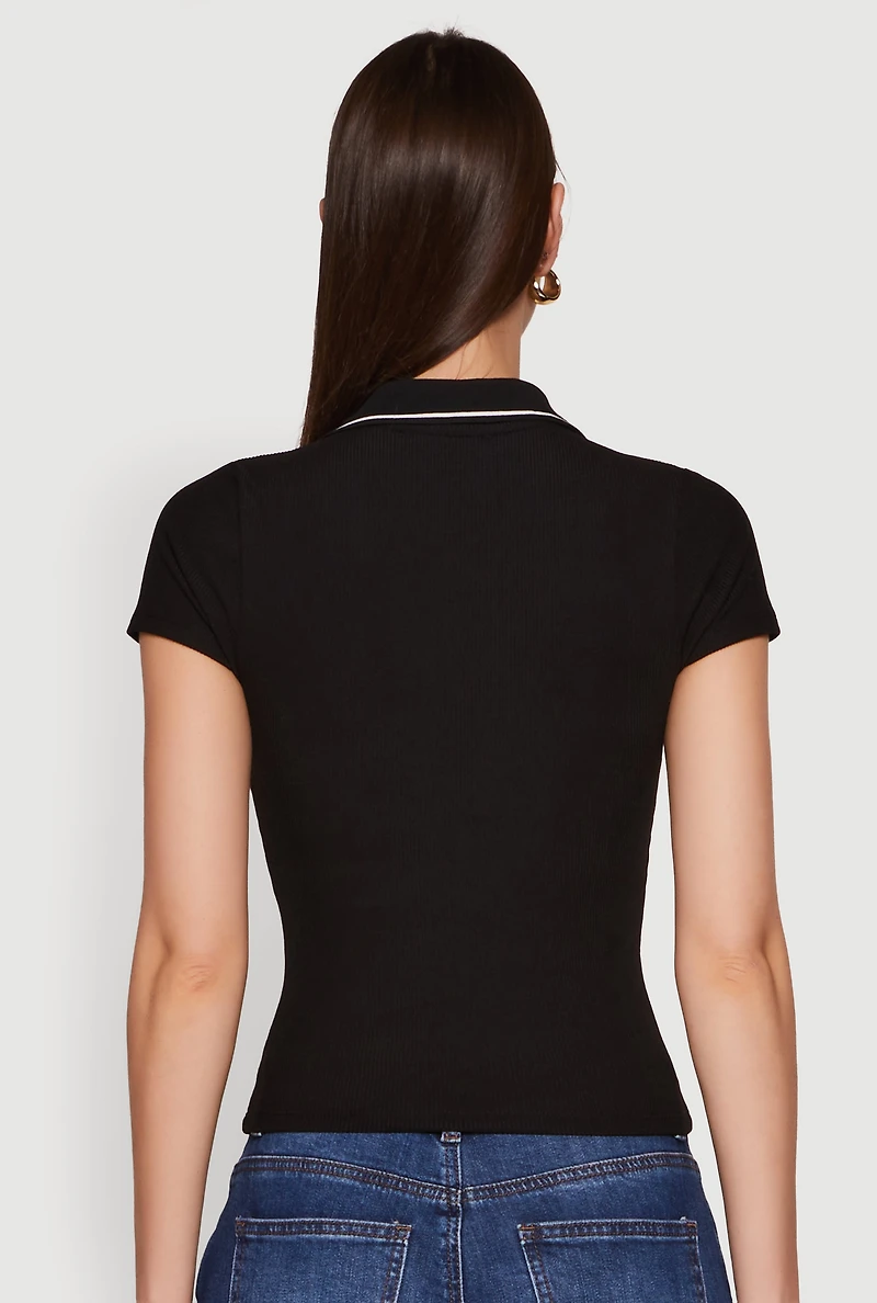Iris Ribbed Knit Polo Top with Contrast Trim