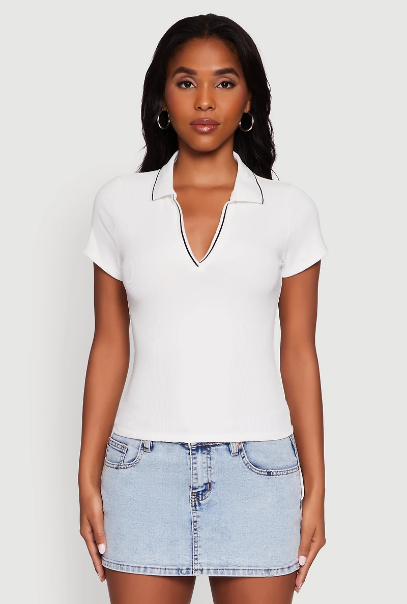 Womens Iris Ribbed Knit Polo Top with Contrast Trim, White, Size L