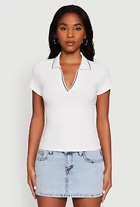 Womens Iris Ribbed Knit Polo Top with Contrast Trim, White, Size L
