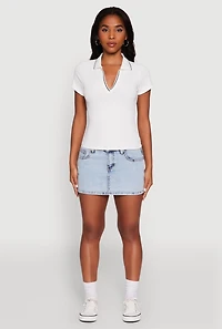Womens Iris Ribbed Knit Polo Top with Contrast Trim, White, Size L