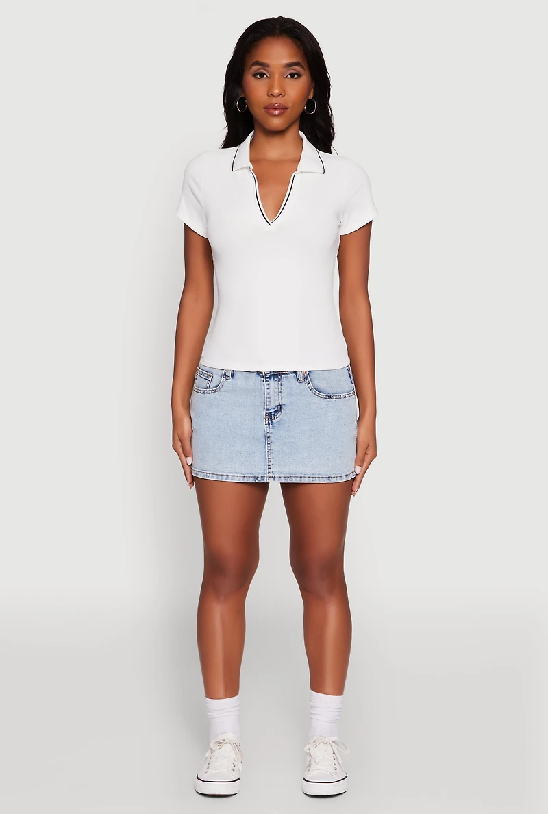 Womens Iris Ribbed Knit Polo Top with Contrast Trim, White, Size S