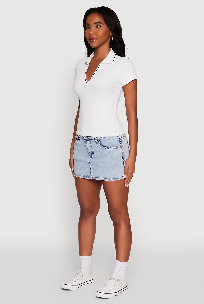 Womens Iris Ribbed Knit Polo Top with Contrast Trim, White, Size S