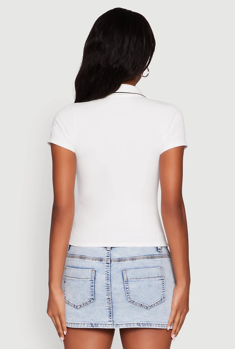 Womens Iris Ribbed Knit Polo Top with Contrast Trim, White, Size S