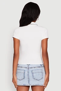 Womens Iris Ribbed Knit Polo Top with Contrast Trim, White, Size S