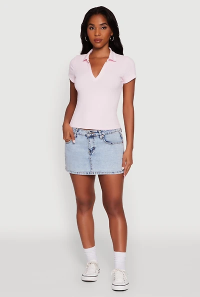 Womens Iris Ribbed Knit Polo Top with Contrast Trim, Pink, Size S
