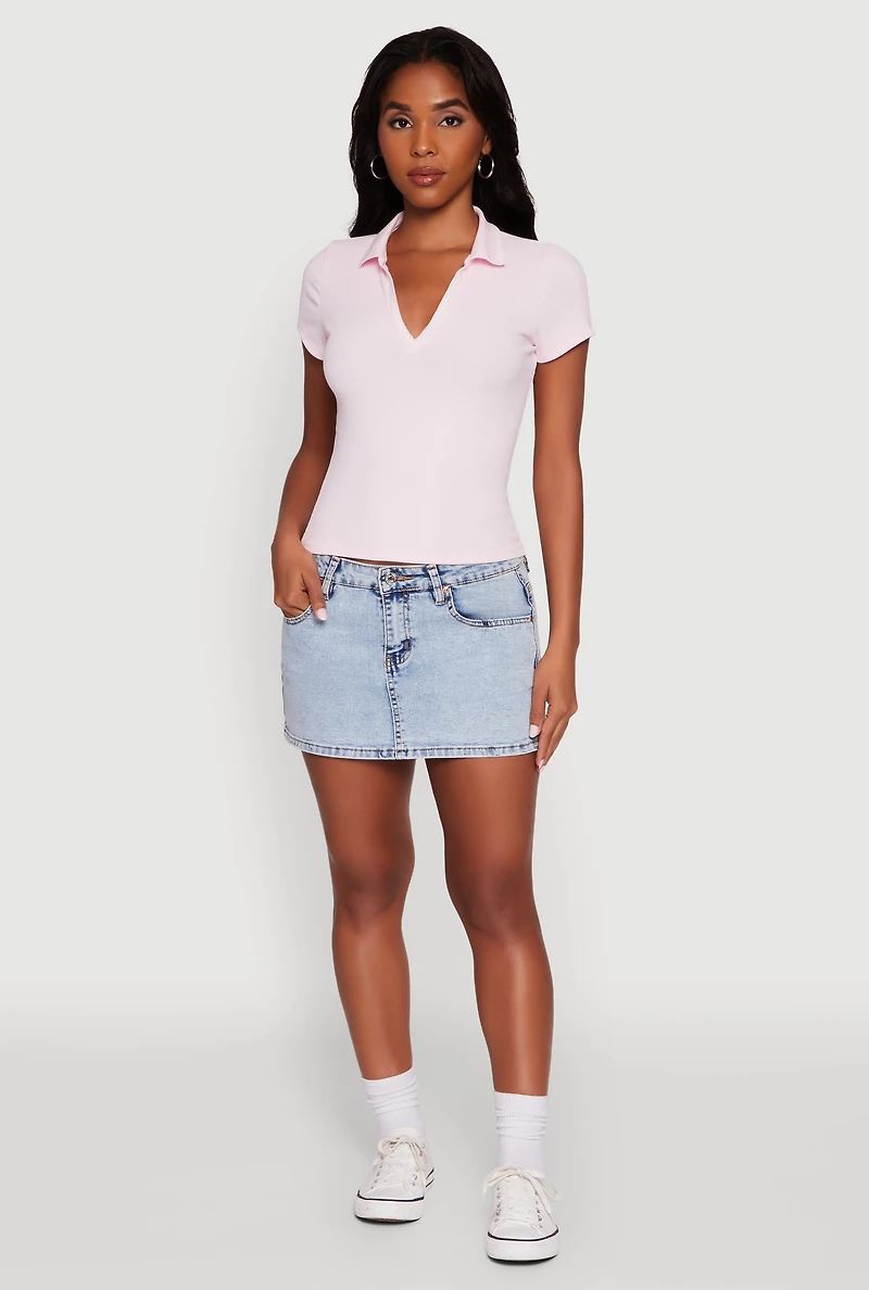 Womens Iris Ribbed Knit Polo Top with Contrast Trim, Pink, Size M