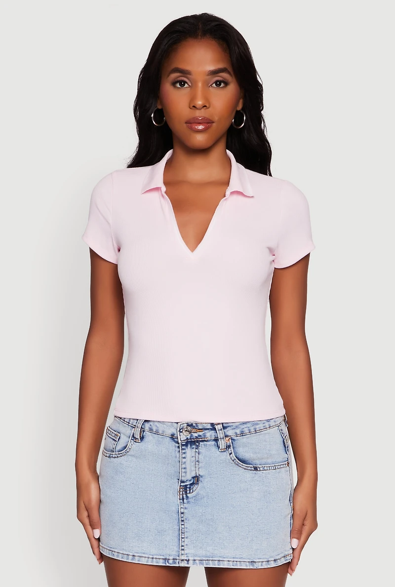 Womens Iris Ribbed Knit Polo Top with Contrast Trim, Pink, Size S