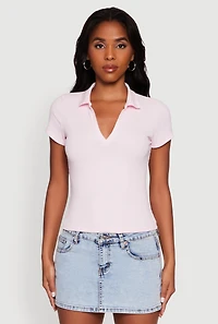 Womens Iris Ribbed Knit Polo Top with Contrast Trim, Pink, Size S