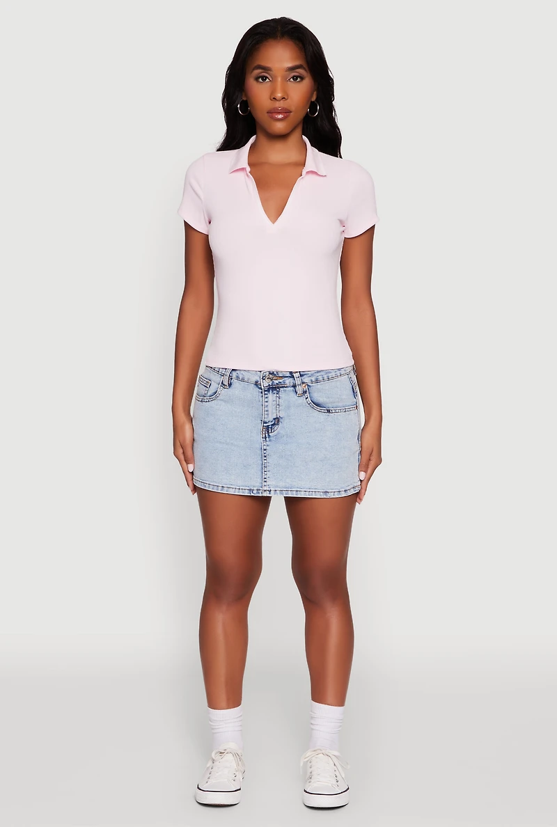 Womens Iris Ribbed Knit Polo Top with Contrast Trim, Pink, Size S