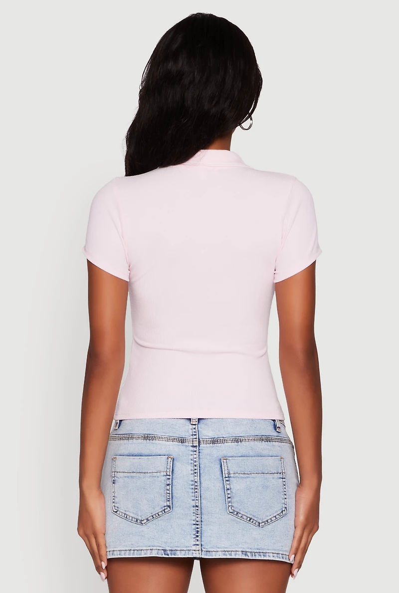 Womens Iris Ribbed Knit Polo Top with Contrast Trim, Pink,