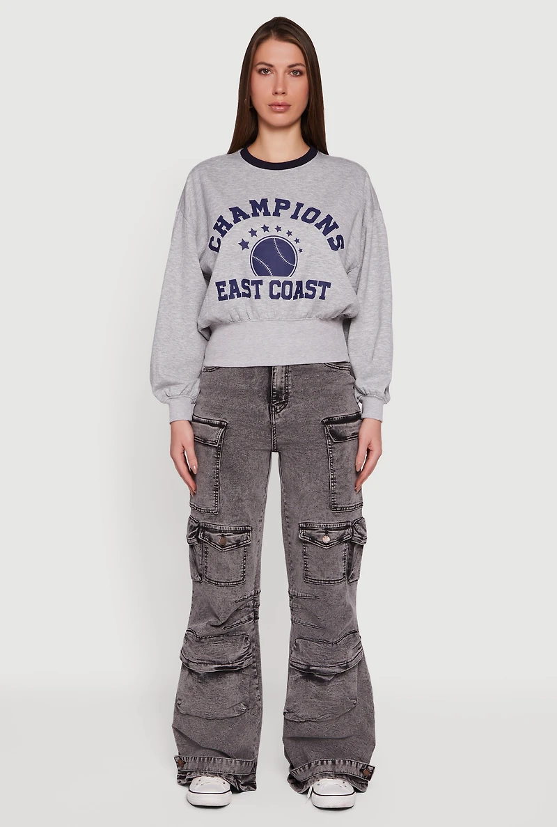 Womens Champions East Coast Graphic Pullover Sweatshirt, Grey, Size XL