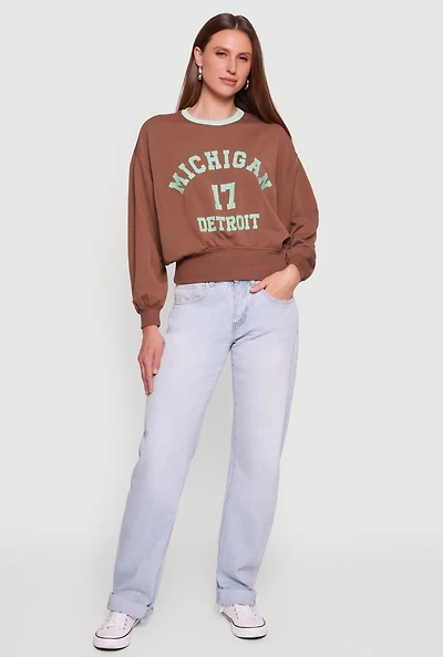 Womens Michigan 17 Detroit Graphic Pullover Sweatshirt, Brown, Size L