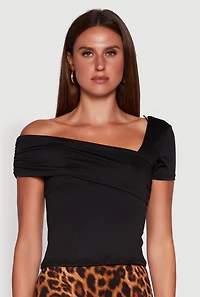 Womens Iris Fold Over One Shoulder Top, Black, Size S