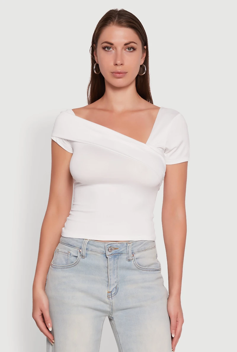 Womens Iris Fold Over One Shoulder Top, White, Size M