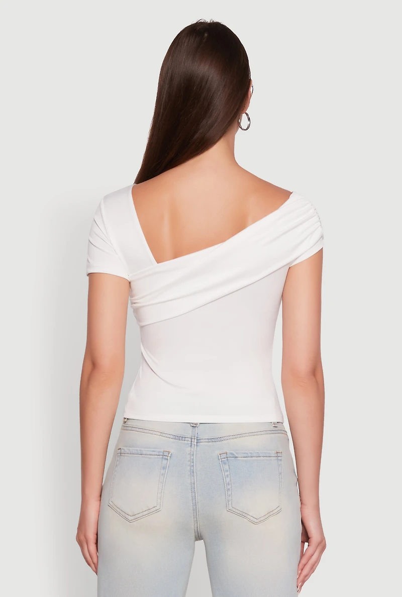 Womens Iris Fold Over One Shoulder Top, White, Size M