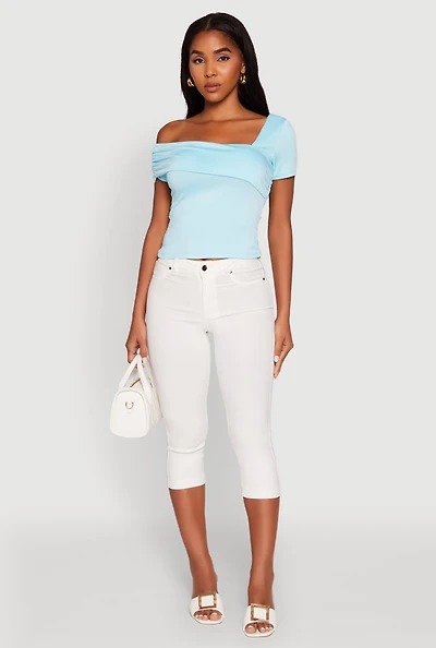 Womens Iris Fold Over One Shoulder Top, Blue, Size L