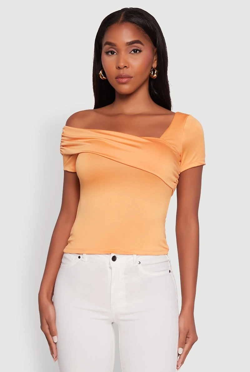 Womens Iris Fold Over One Shoulder Top, Orange, Size M