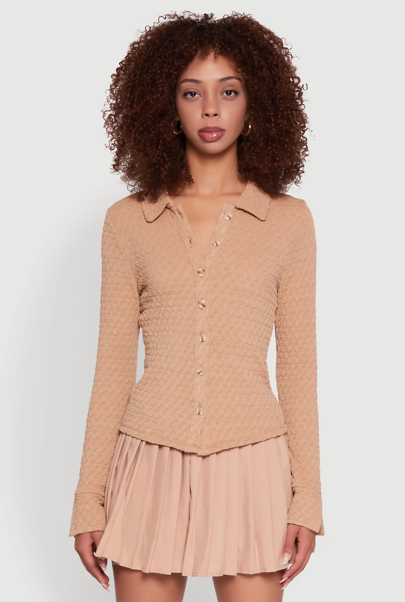 Womens Iris Classic Fit Textured Knit Button Front Shirt, Khaki,