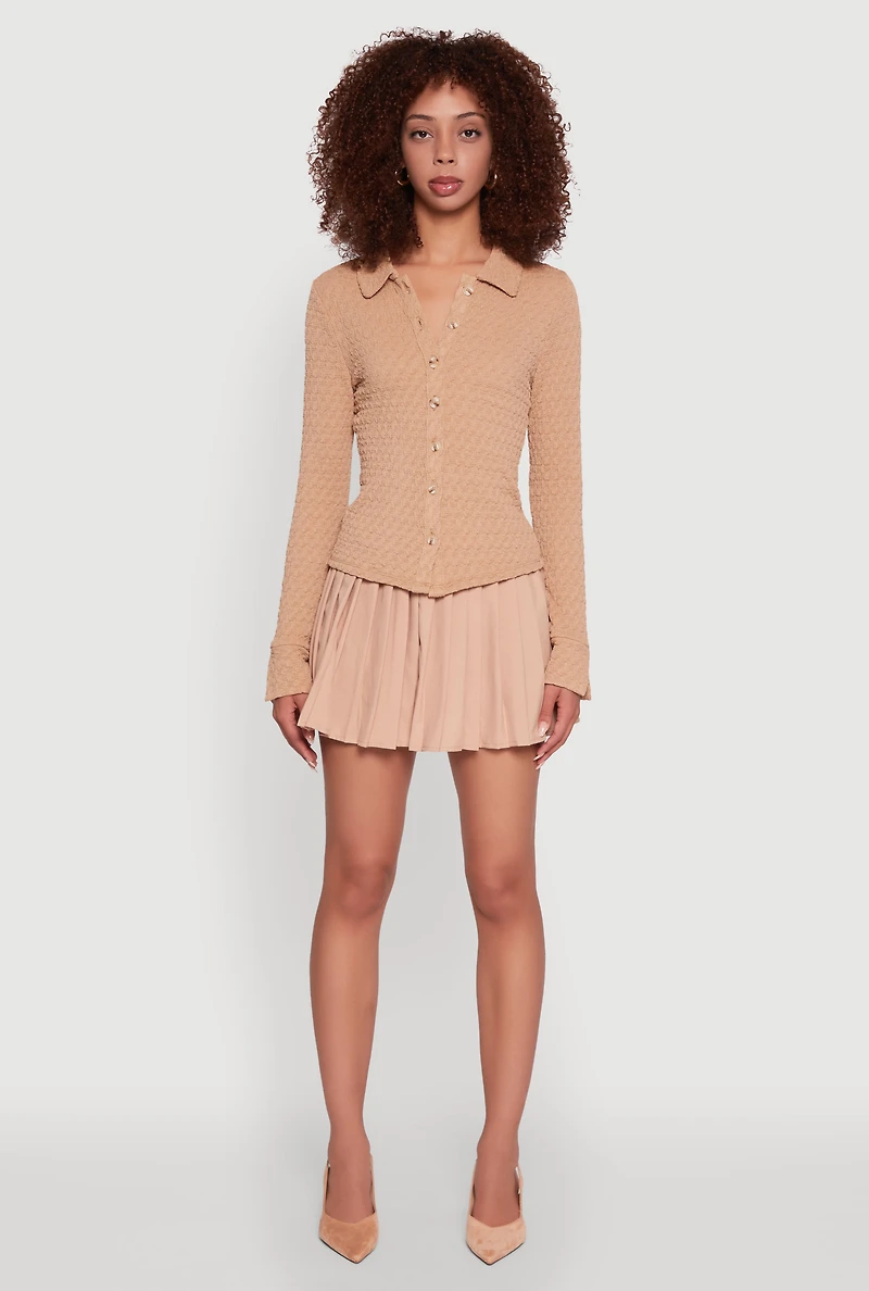 Womens Iris Classic Fit Textured Knit Button Front Shirt, Khaki,