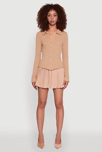 Womens Iris Classic Fit Textured Knit Button Front Shirt, Khaki,