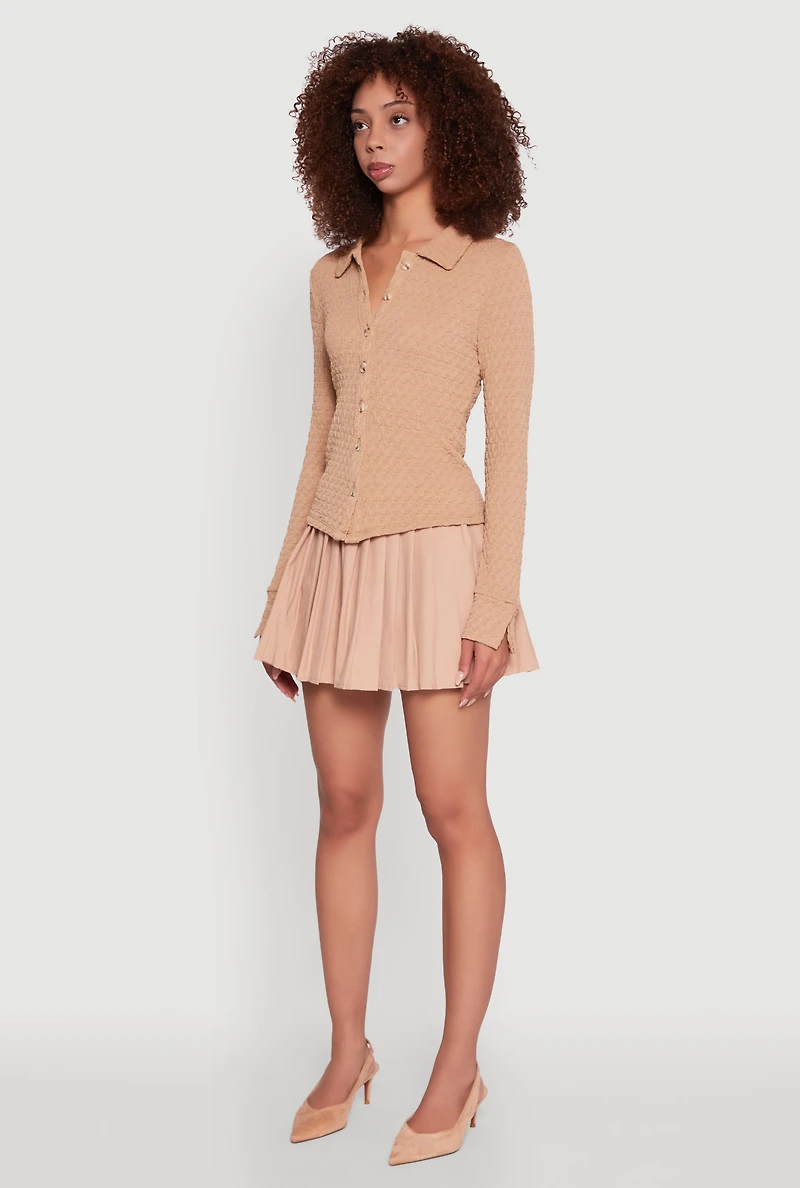 Womens Iris Classic Fit Textured Knit Button Front Shirt, Khaki,