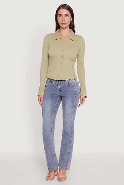 Womens Iris Classic Fit Textured Knit Button Front Shirt, Green, Size L