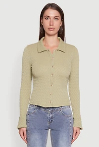 Womens Iris Classic Fit Textured Knit Button Front Shirt, Green, Size L