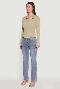 Womens Iris Classic Fit Textured Knit Button Front Shirt, Green, Size L