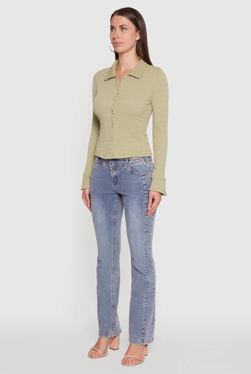 Womens Iris Classic Fit Textured Knit Button Front Shirt, Green, Size M