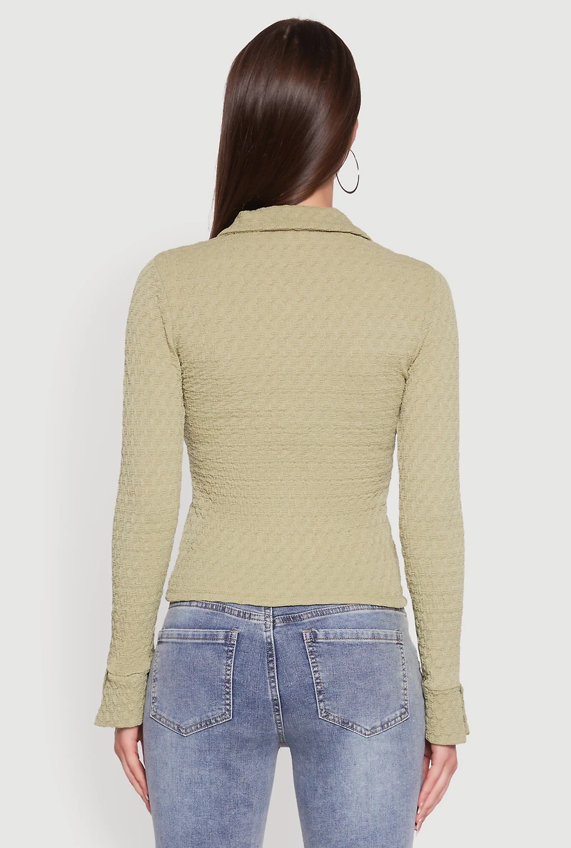 Womens Iris Classic Fit Textured Knit Button Front Shirt, Green, Size M