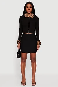 Leopard Print Faux Fur Trim Zip Front Crop Top