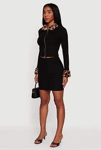 Leopard Print Faux Fur Trim Zip Front Crop Top