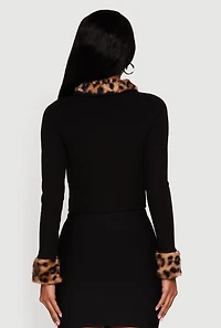 Leopard Print Faux Fur Trim Zip Front Crop Top