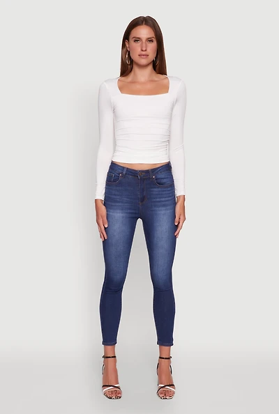 Womens Iris Square Neck Ruched Side Long Sleeve Top, White, Size M