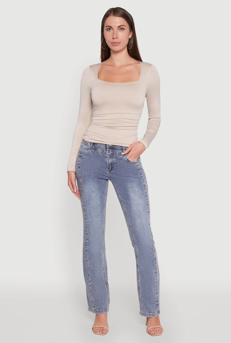 Womens Iris Square Neck Ruched Side Long Sleeve Top, Beige, Size M