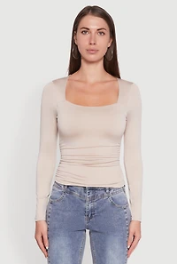 Womens Iris Square Neck Ruched Side Long Sleeve Top, Beige, Size M