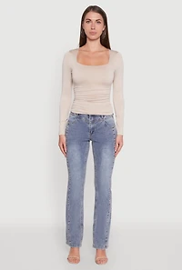 Womens Iris Square Neck Ruched Side Long Sleeve Top, Beige, Size M
