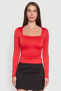 Womens Iris Square Neck Ruched Side Long Sleeve Top, Red, Size M